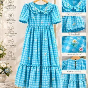Blue gingham tiered dress with embroidered scalloped collar