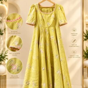 Lime yellow embroidered flared dress with pink ric-rac trim
