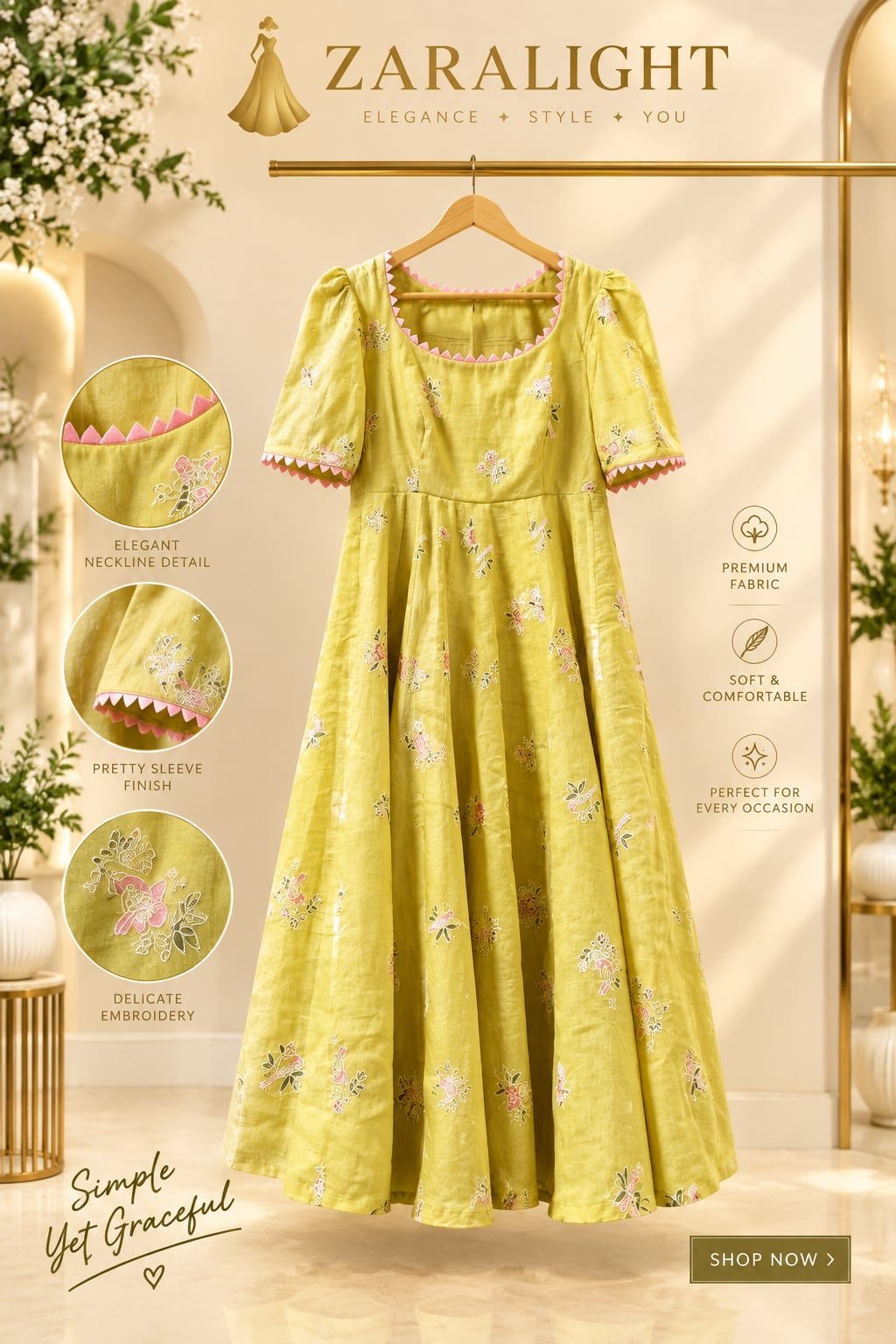 Lime yellow embroidered flared dress with pink ric-rac trim