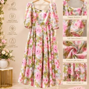 Pink floral print midi dress with puff sleeves