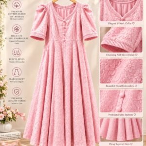 Pink textured floral flared dress with fabric-covered buttons