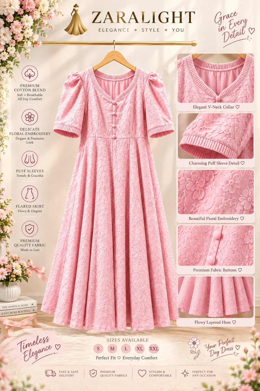 Pink textured floral flared dress with fabric-covered buttons