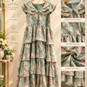 Sage green floral tiered maxi dress with pearl-trim layered collar