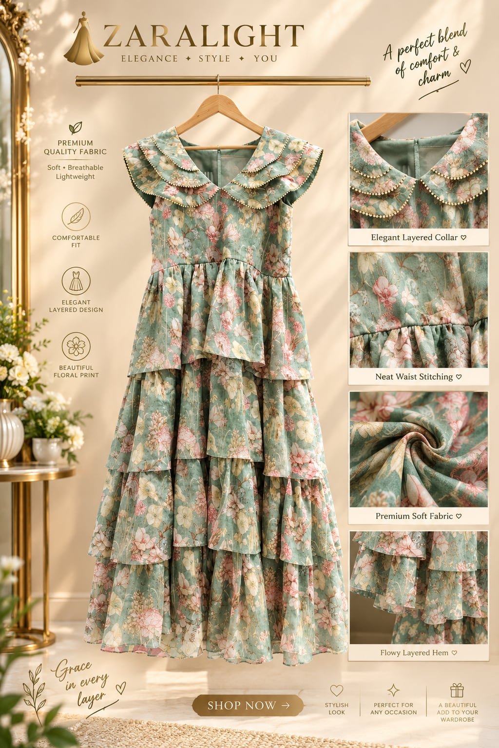 Sage green floral tiered maxi dress with pearl-trim layered collar