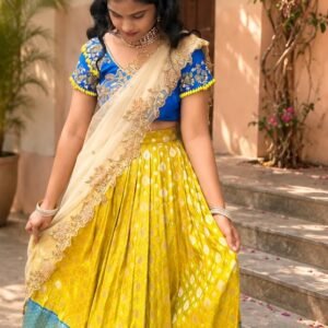 Yellow and blue silk half saree with embroidered net dupatta, front view