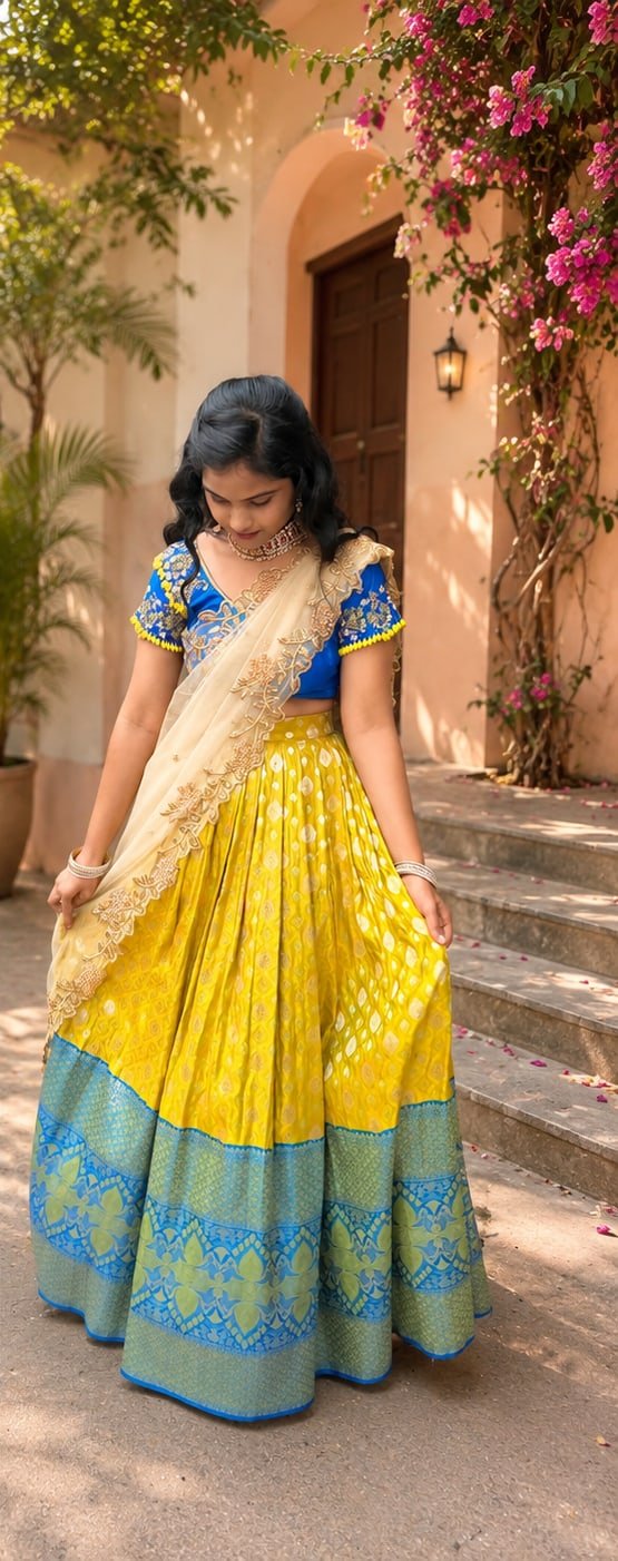 Yellow and blue silk half saree with embroidered net dupatta, front view