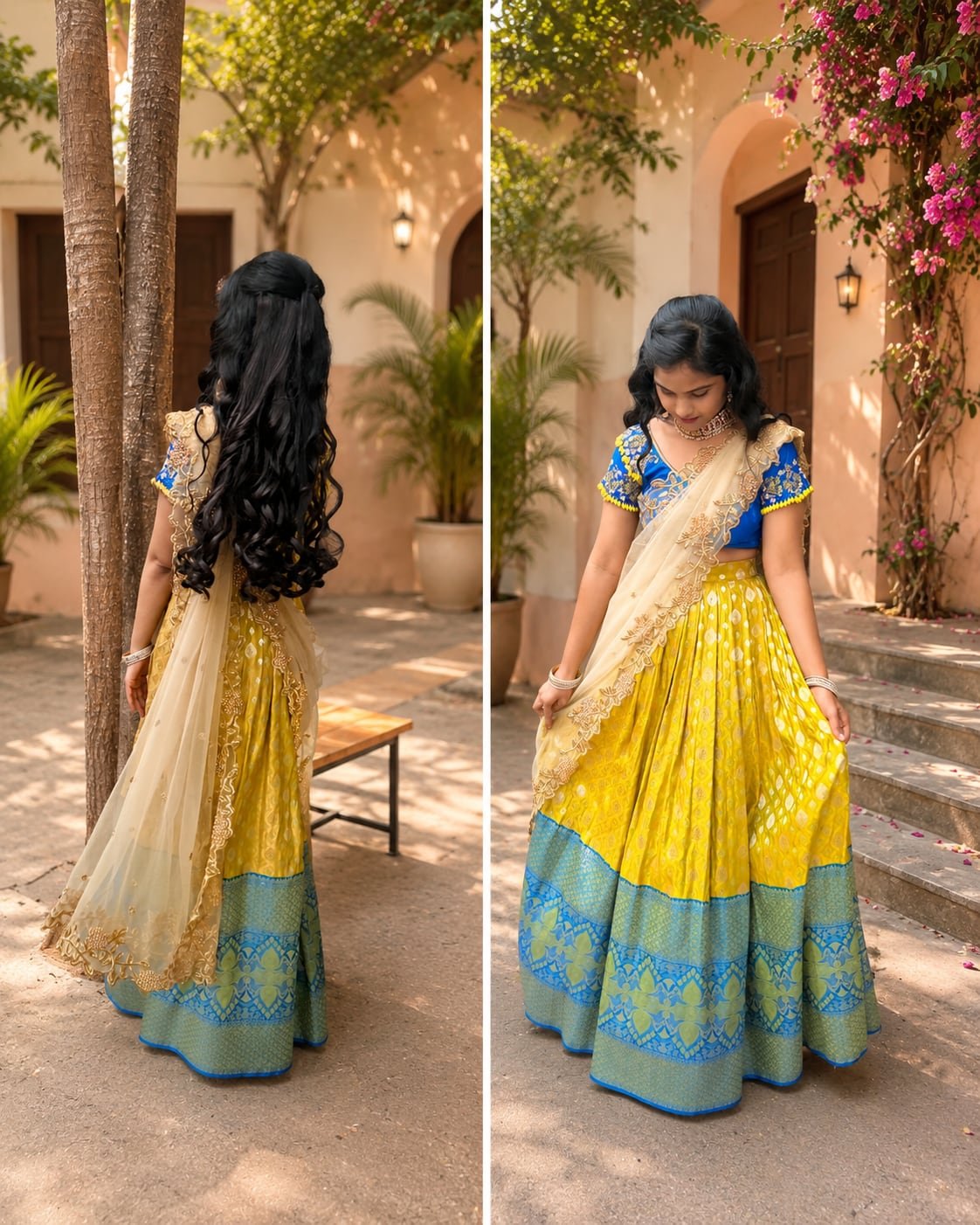 Yellow and blue silk half saree, front and back views
